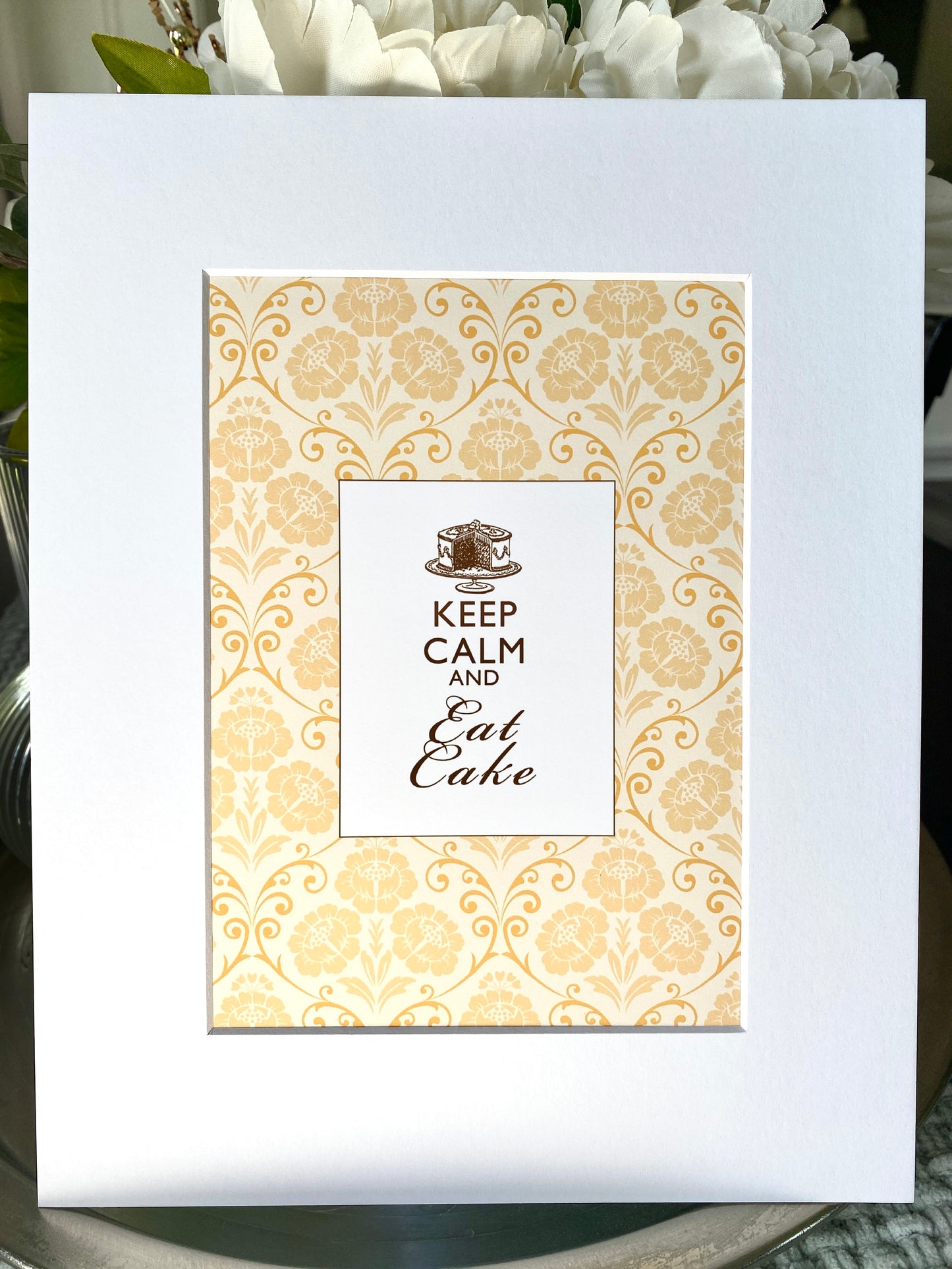 Yellow Damask Keep Calm and Eat Cake Art Print