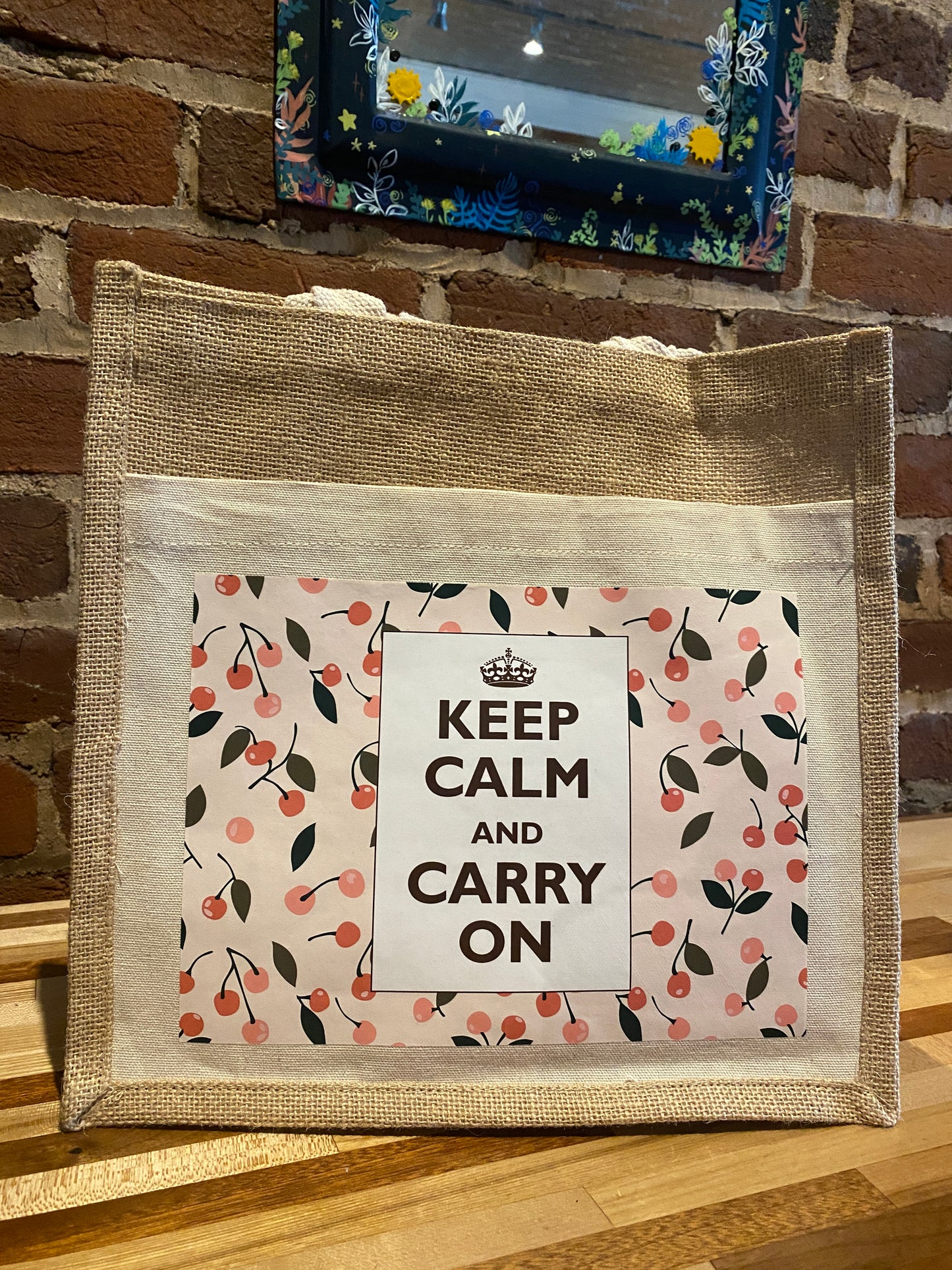 Keep Calm Cherries Burlap and Canvas Bag
