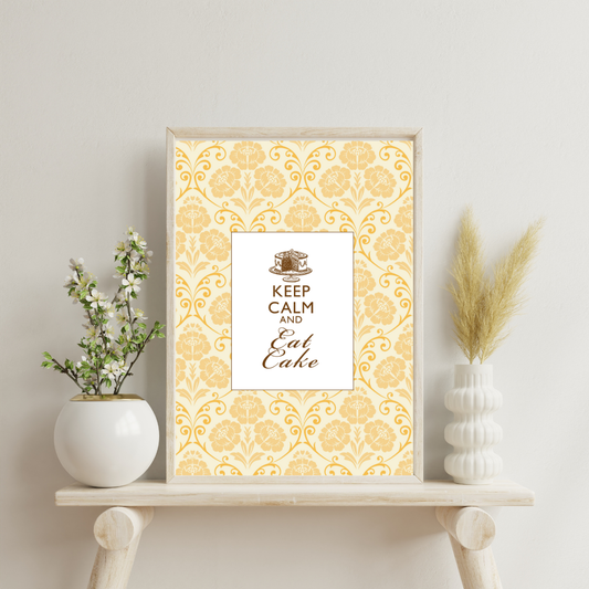 Yellow Damask Keep Calm and Eat Cake Art Print