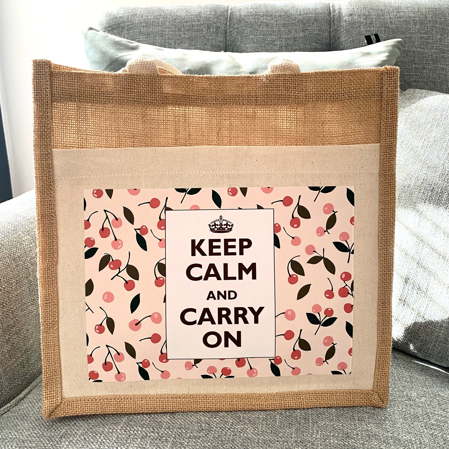 Keep Calm Cherries Burlap and Canvas Bag