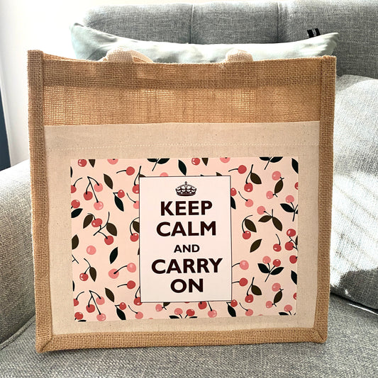 Keep Calm Cherries Burlap and Canvas Bag