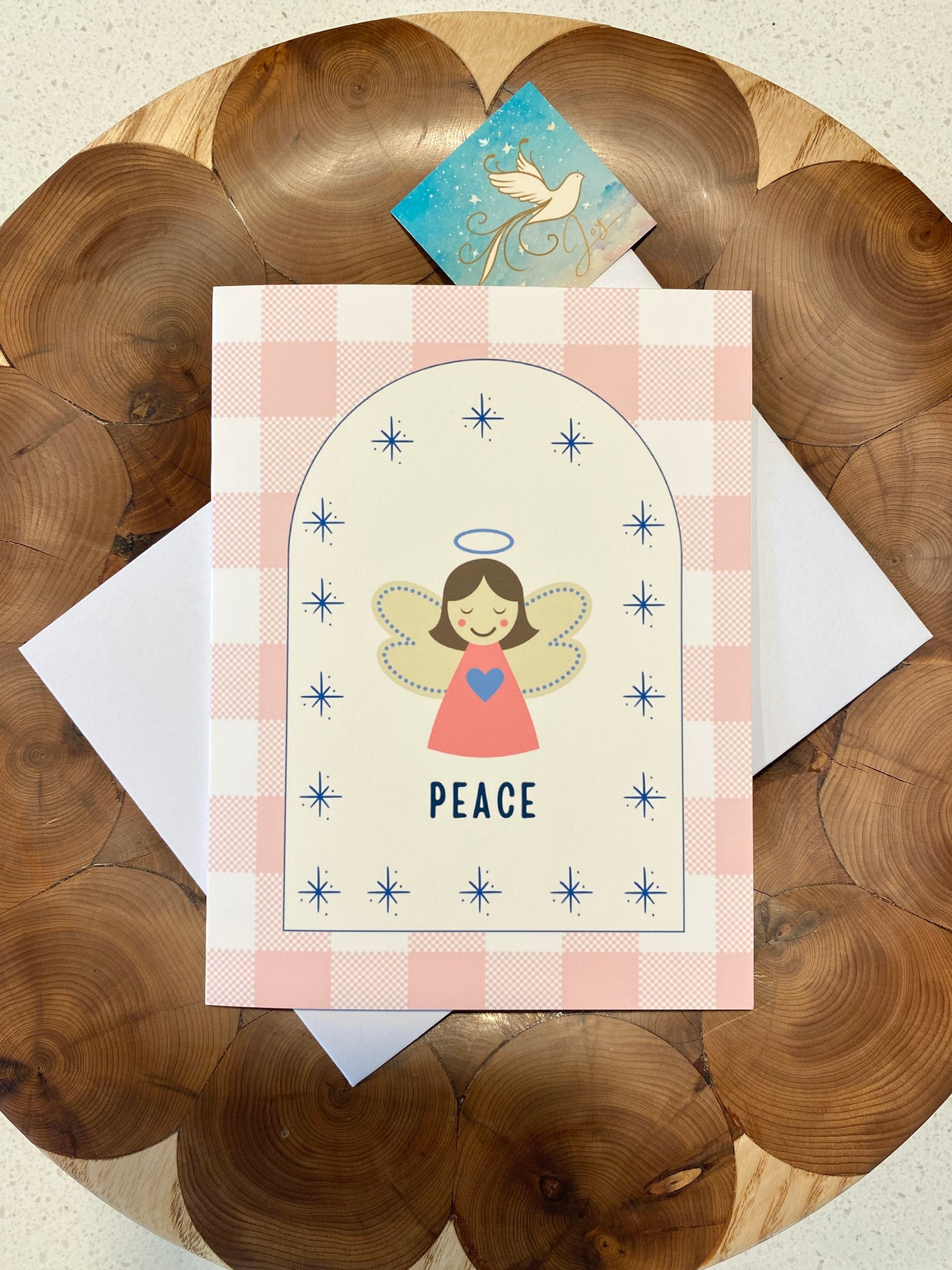 Peace Angel Pink Check Christmas Card