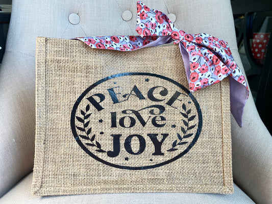 Peace, Love and Joy Burlap Tote