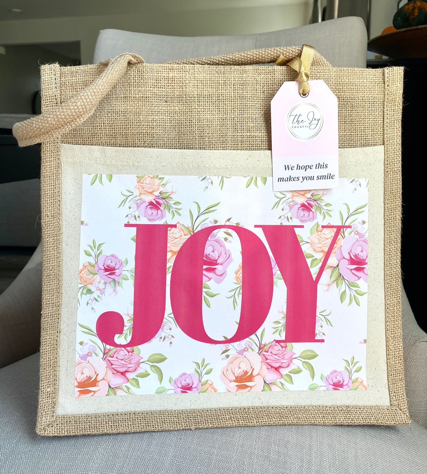 Joy Floral Burlap and Canvas Bag