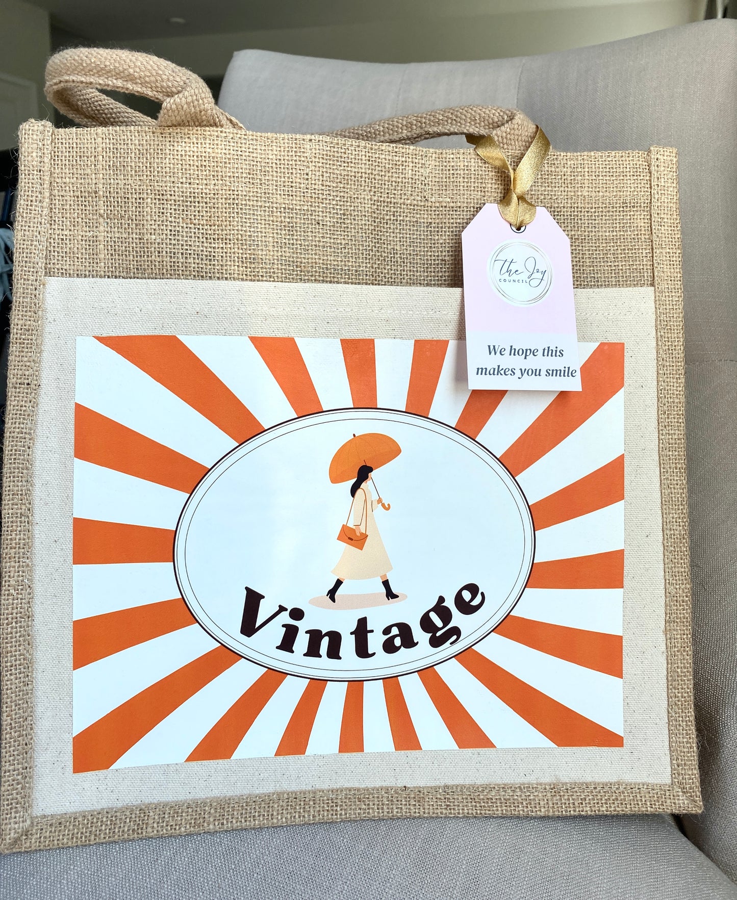 Vintage Orange Stripe Burlap Bag