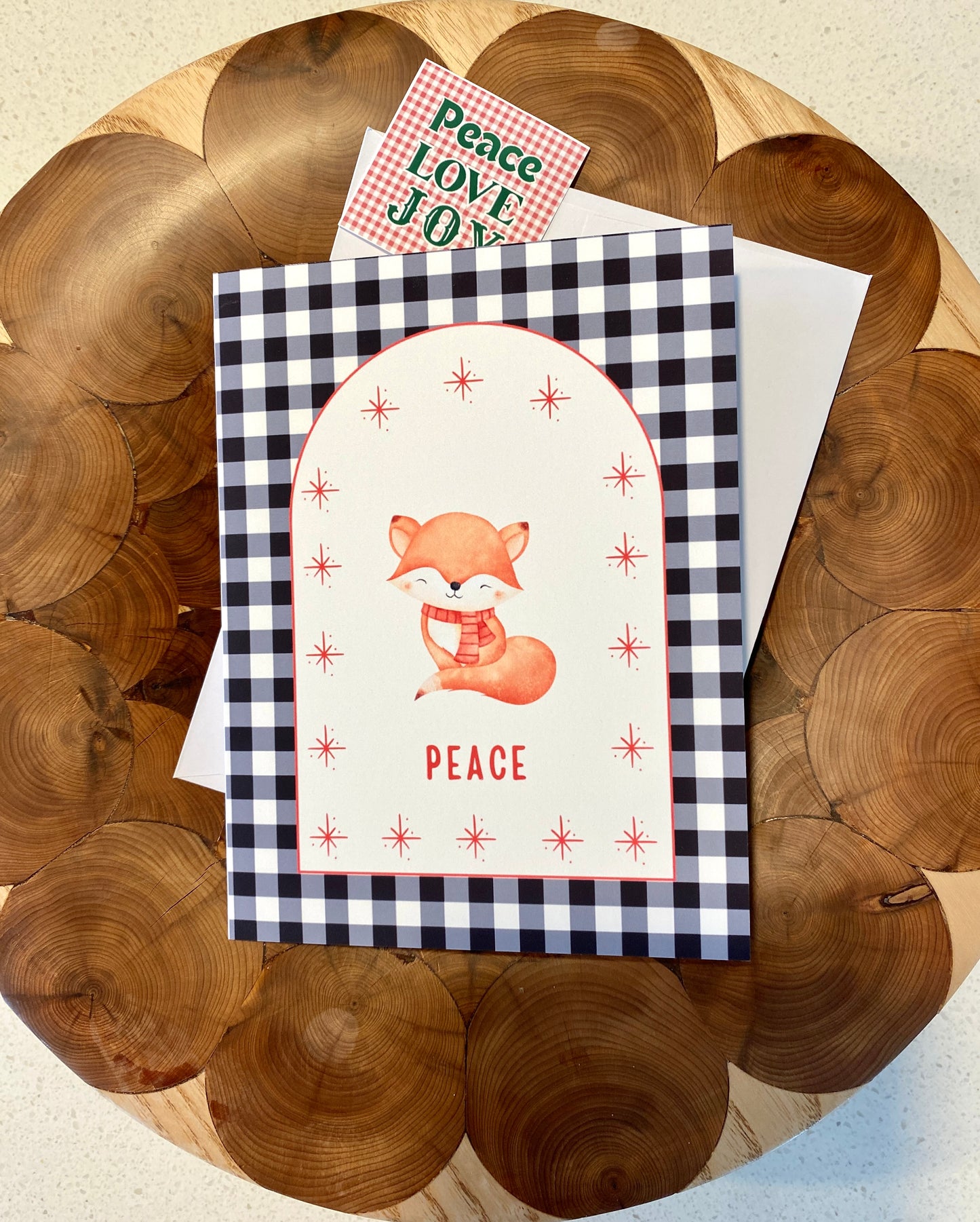 Peaceful Fox Black Gingham Holiday Card
